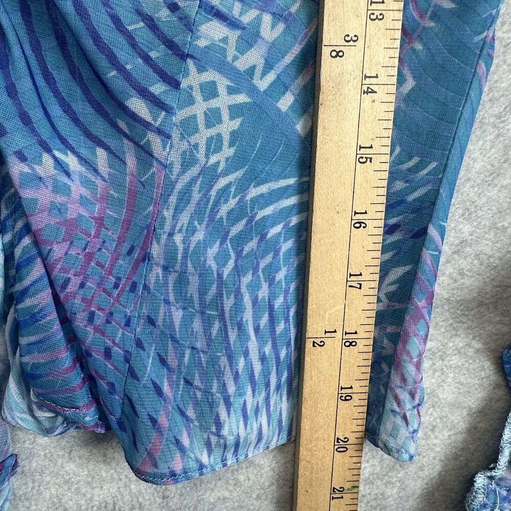 Blue Abstract Mesh Disco Top Size XS Crop Button Front Long Ruffle Flare Sleeve - Picture 7 of 10